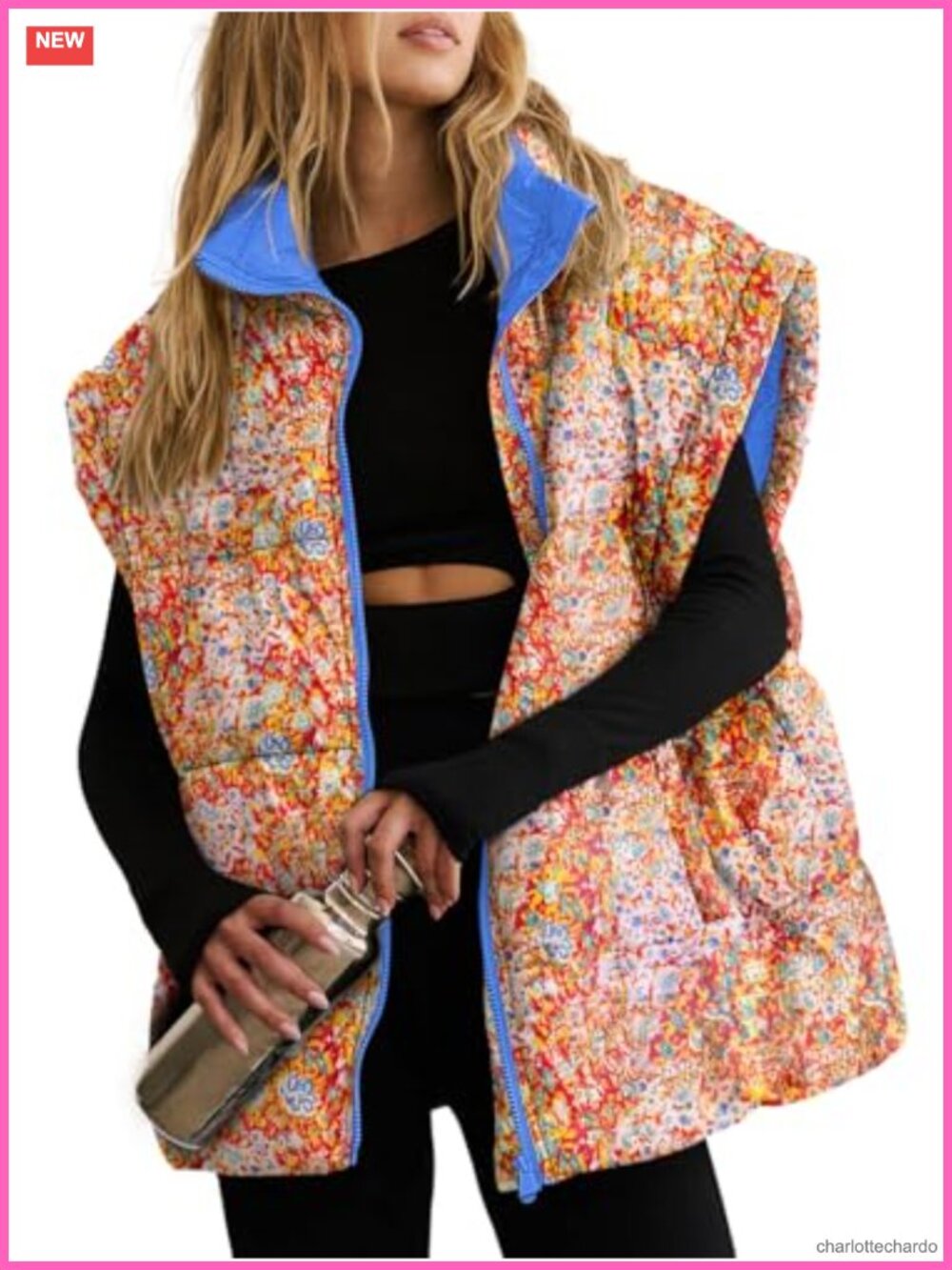 Women's Oversized Quilted Puffer Vest Floral Plaid Zip Up Cap Sleeve